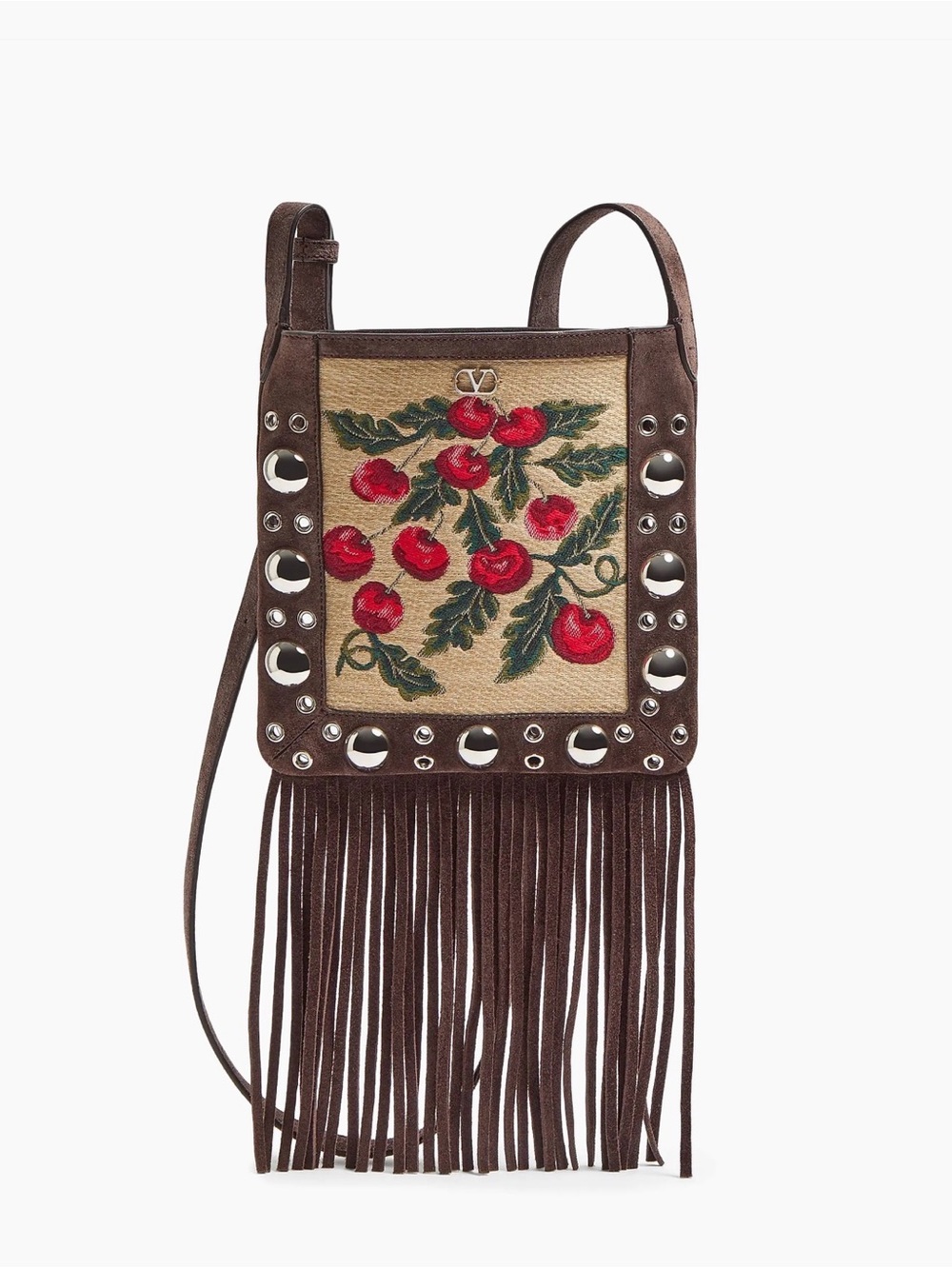 Valentino Garavani Red Cherry Embroidered Fringe Shoulder Bag - Picture 7 of 8